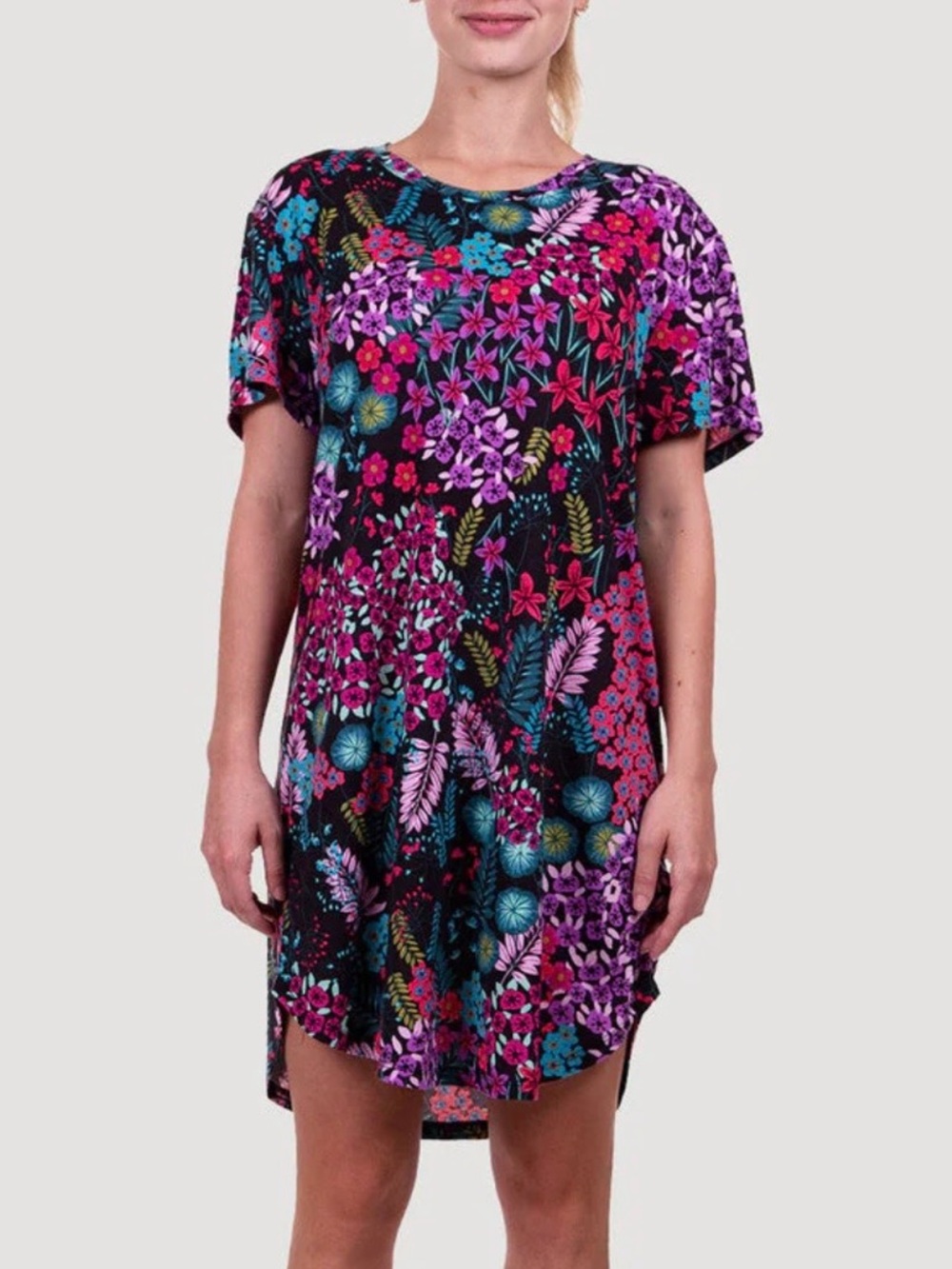 Vibrant Floral in Black with Pink & Purple Blooms Natori Sleep Shirt